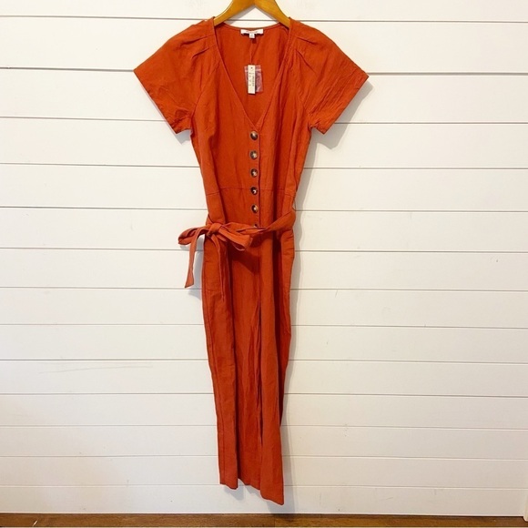 NWTs Madewell | Women’s Rust Orange Linen Blend Belted Jumpsuit Size 00 - Picture 3 of 10